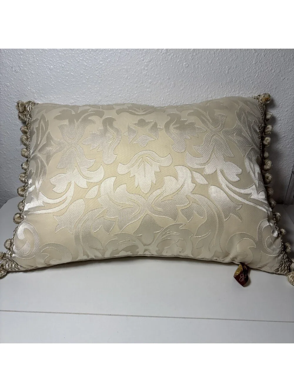 Serendipity Decorative Pillow Elegant Bei damask floral scroll Knotted Tassels
